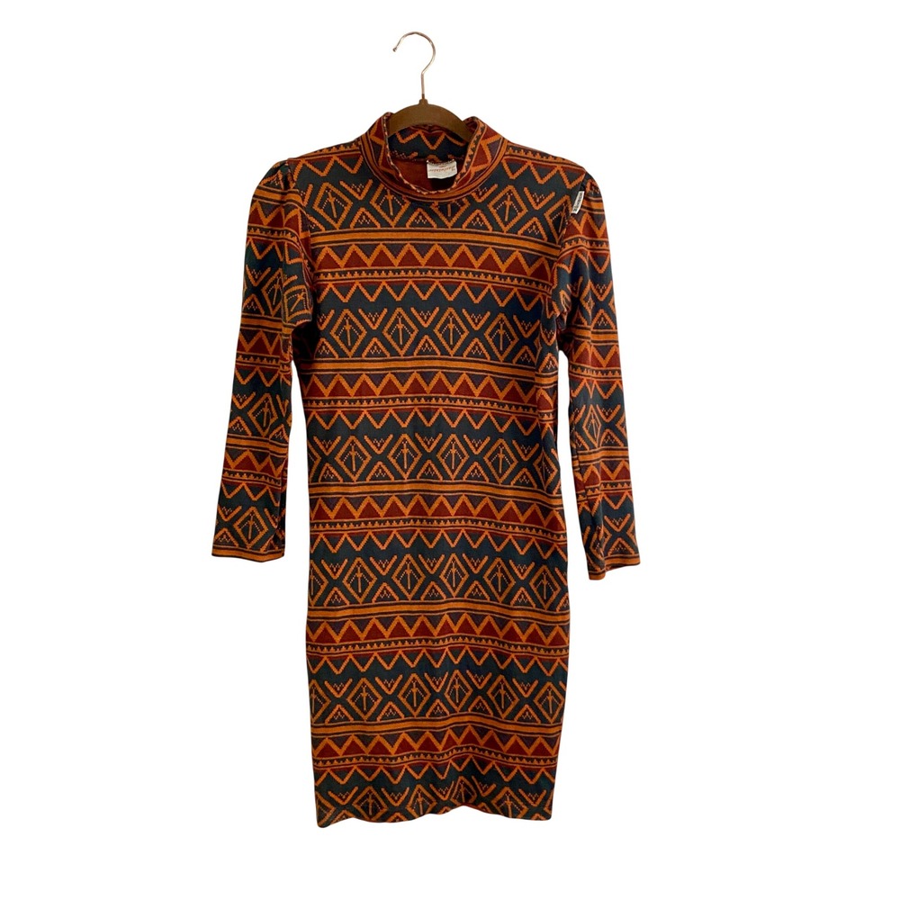 Vintage 80s 90s Incremento Rio Cotton Geometric Knit Mock Neck Dress Medium